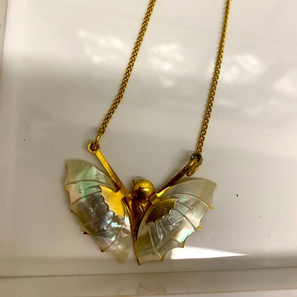 Vintage Mother of Pearl Gold Butterfly Moth Necklace - Picture 2 of 6